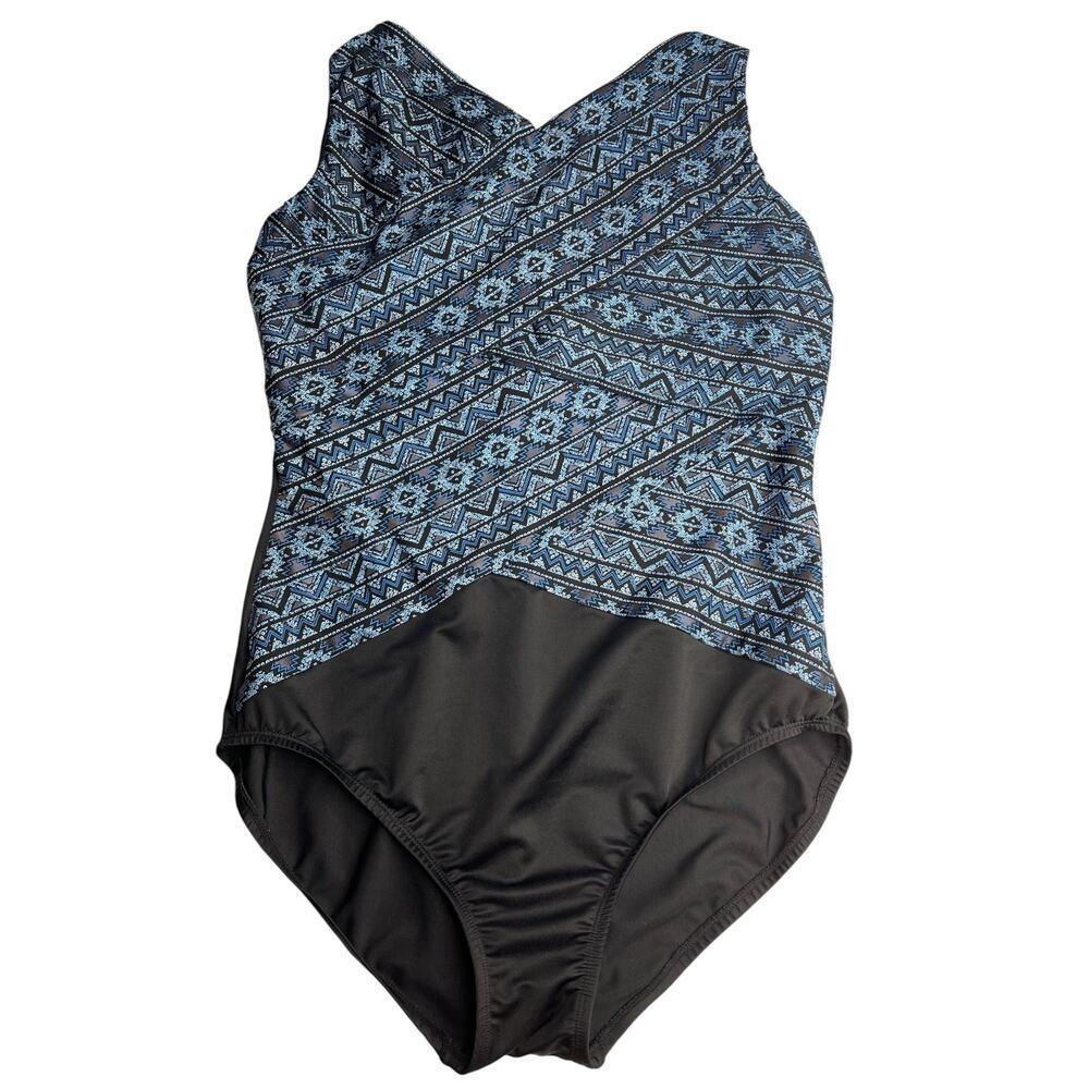 Miraclesuit Paillette Brio Printed One Piece Swimsuit size 16 Incan Blue Black